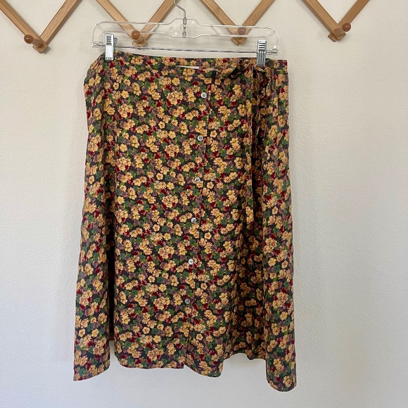 Vintage Laura Ashley Silk Floral Print Button Down Tie Skirt - Picture 1 of 9